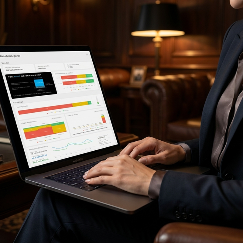 Laptop showing the TMB general report dashboard with sales and collection charts